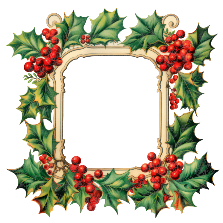 Christmas holly frame with red berries and green leaves surrounding a vintage cream border, Grey Barn Handwerk, Saskatchewan.